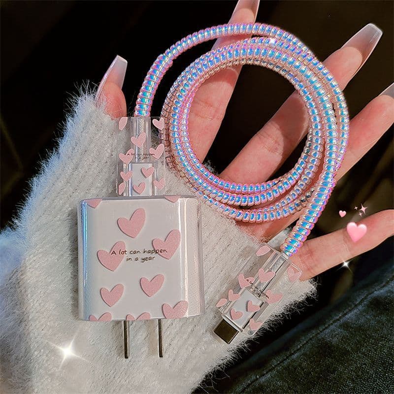 Pink Heart Apple Suitable for 20W Charger Head Case Minimalist iPhone Charging Cable Anti-Break