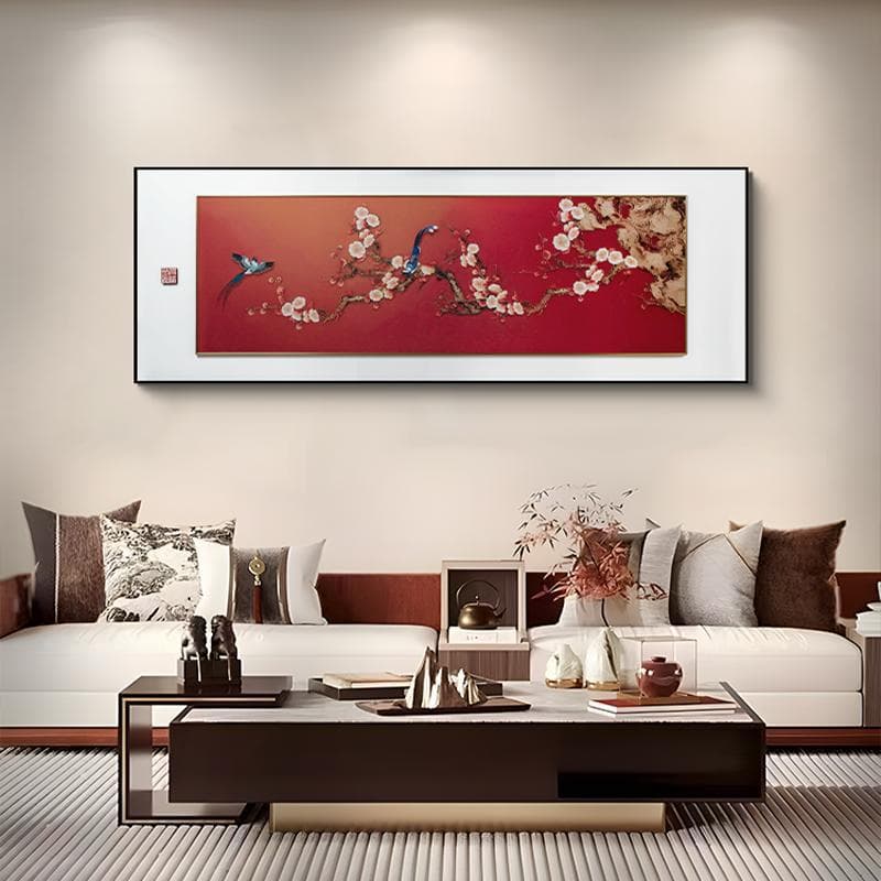 Magpies on blossoming branches living room artwork, new Chinese style picture-in-picture festive wall painting 70x200