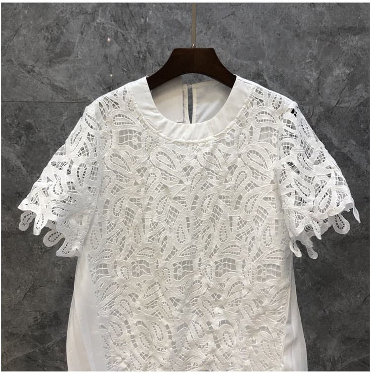 In Stock European & American 2023 Summer New Women's Hollow Out Water-Soluble Embroidered Patchwork Top with Back Pleats