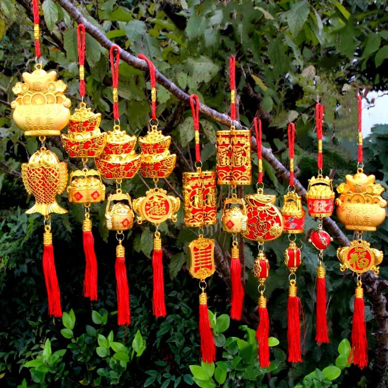 Gold-Plated Plastic Spring Festival Housewarming Ingot Silk Thread Lucky Bag Gold Barrel Abacus Bonsai Plant Small Ornament Money Tree Hanging Decor
