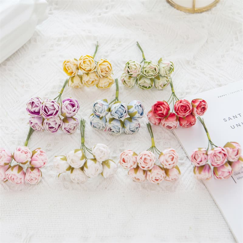 Handmade DIY Mini Rose Bud Artificial Flowers Bouquet Fake Flower Ring Material for Wedding Home Decoration