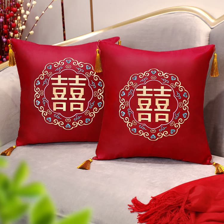 Wedding Pillow Pair with "Double Happiness" Pattern, Red Double Joy Cushion for Living Room Sofa, Cross-Stitch Backrest