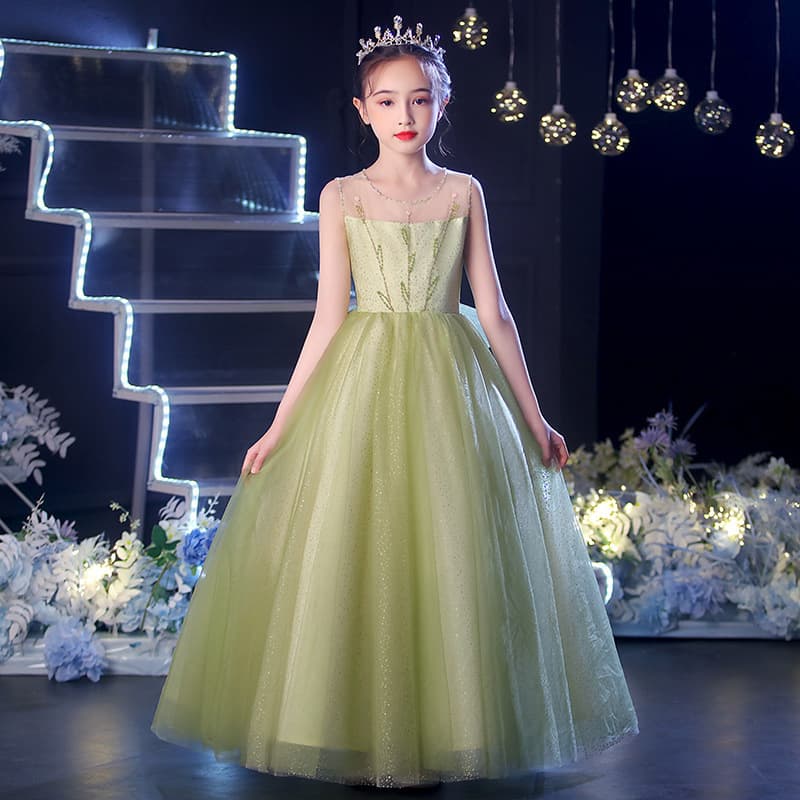Children's Princess Dress Elegant Green Runway Little Girl Flower Girl Host Birthday Piano Performance Costume
