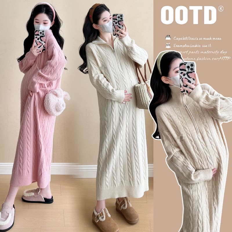 2024 New Style Sweet and Soft Zipper Collar Straight Knit Maternity Dress