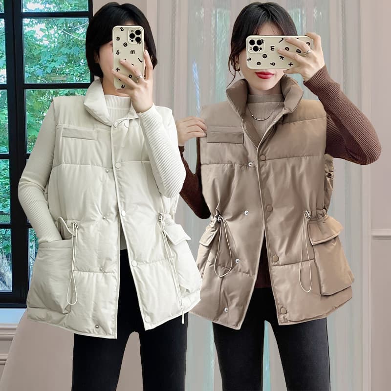 Fashionable Down Cotton Vest Women's Waistcoat 2023 Autumn and Winter Style Loose Pocket Waist Slimming Warm Vest Top