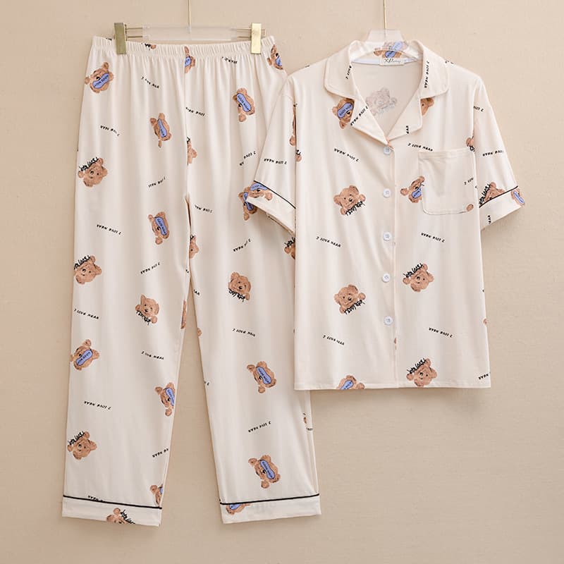 Bear Plus Size Couple Pajamas Women 200 Jin Knitted Cotton Spring Summer Thin Short Sleeve Long Pants Men's Set Homewear