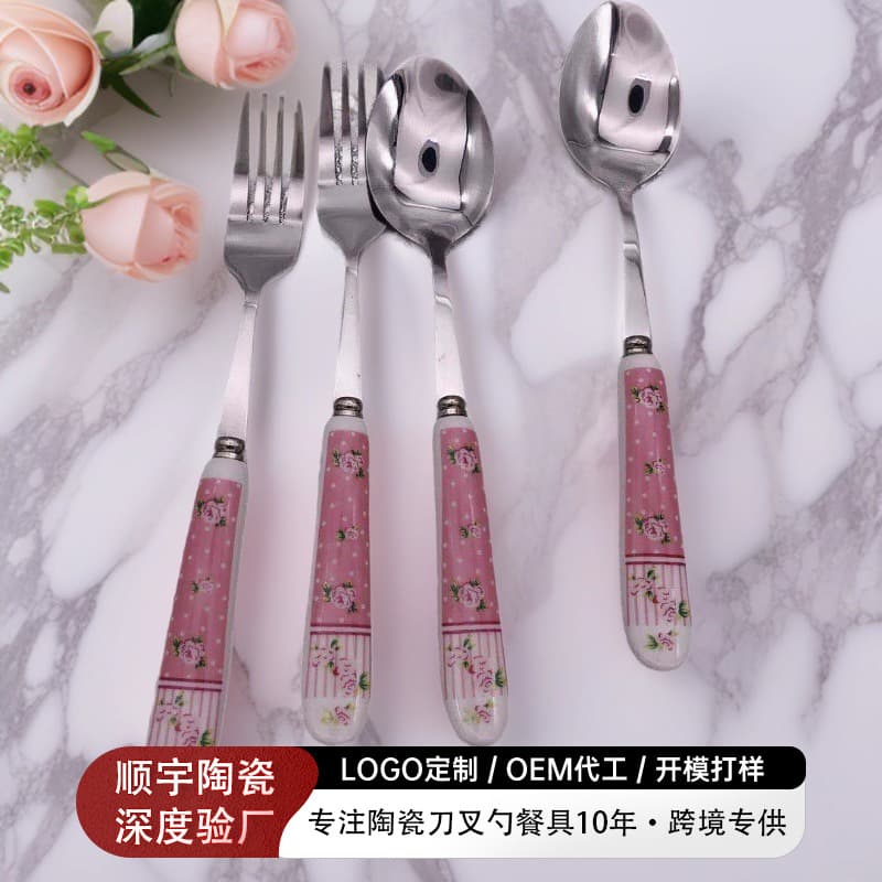Custom High-Aesthetic Rose Ceramic Handle Fork and Spoon Stainless Steel Tableware Soup Spoon Coffee Spoon Dessert Stirring Spoon