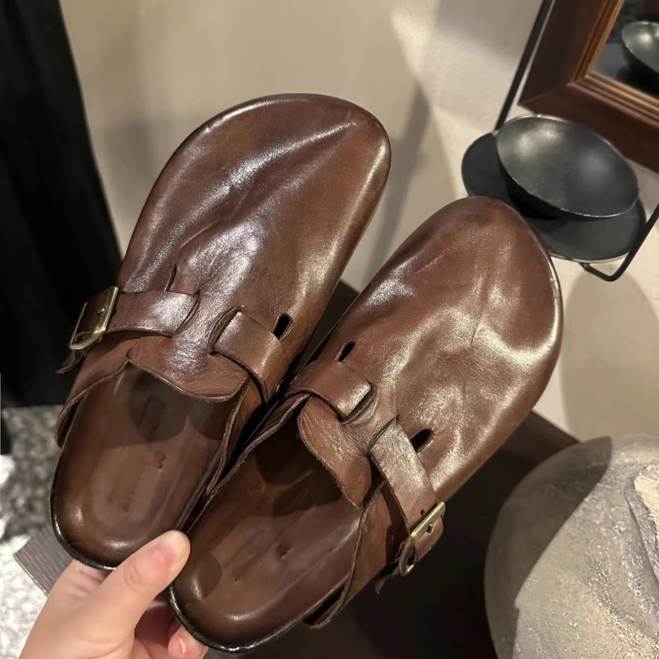 Retro Versatile Casual Birkenstock Shoes Baotou Flip Flops 2025 New Style Washed Horsehide Baotou Retro Slippers for Women