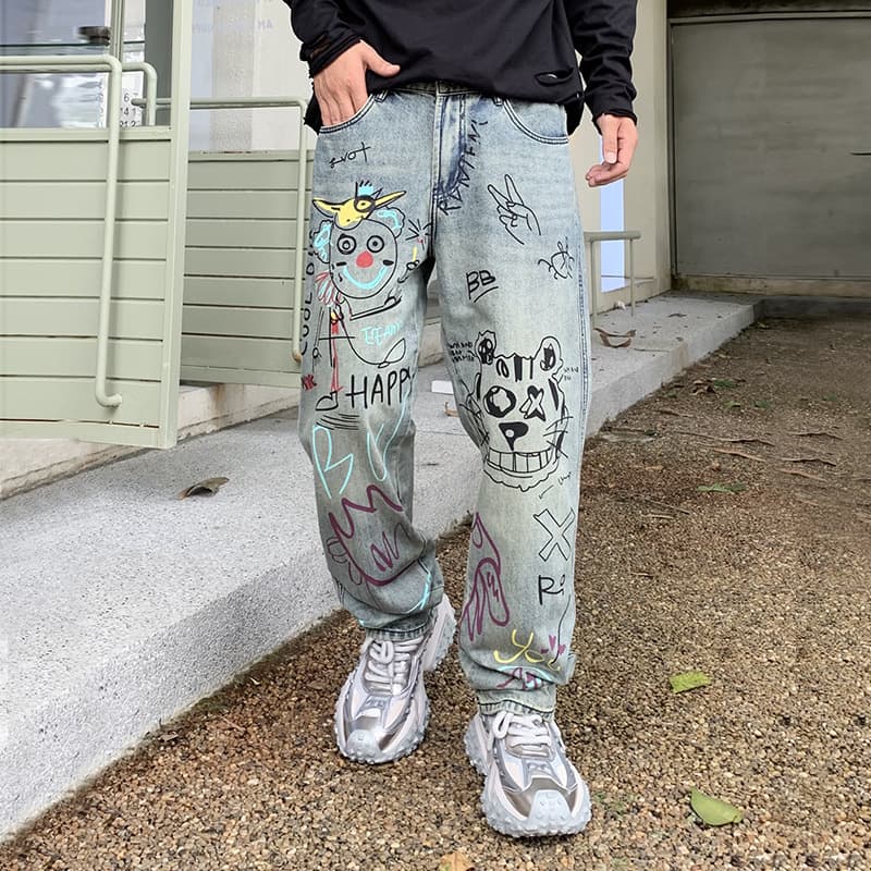 Men's style 139. Graffiti jeans men's American high street vibe trendy brand loose straight wide leg versatile casual trousers