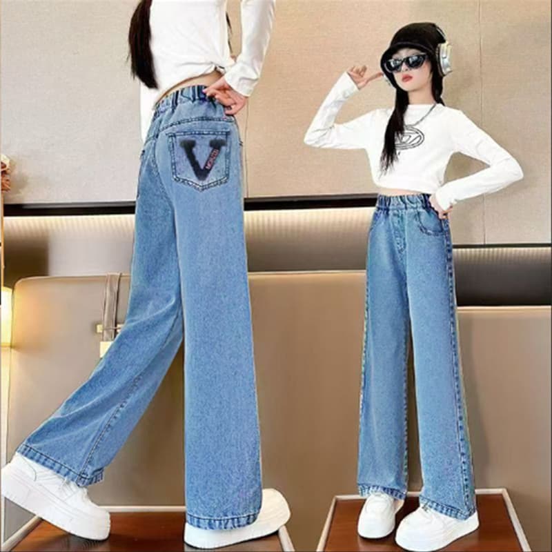 Wholesale Girls Loose Fit Jeans, Children Wide Leg Trendy Pants for Outdoor Wear, New Long Pants for Older Kids