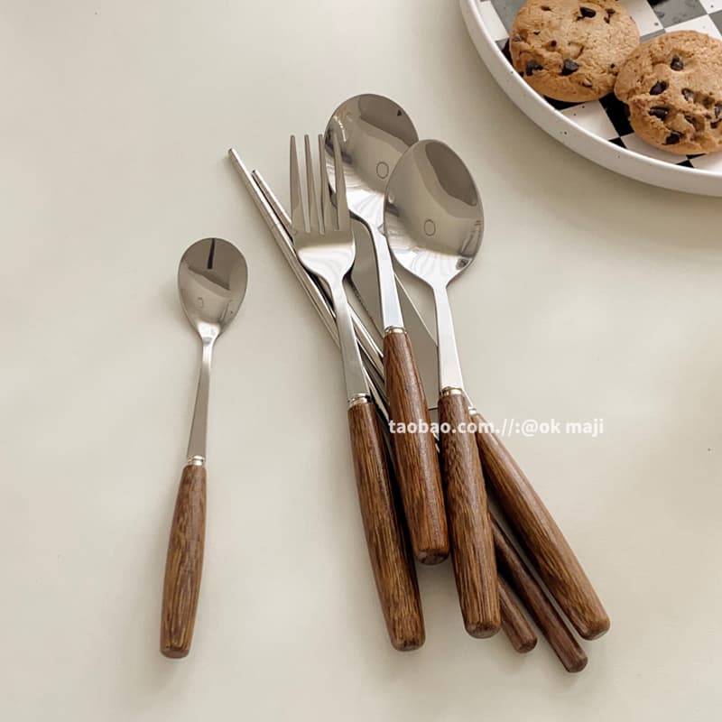 Japanese Ins Style Wooden Handle Stainless Steel Knife Fork Spoon 3-Piece Set Western Cutlery Set Spoon Chopsticks Gift Box Logo