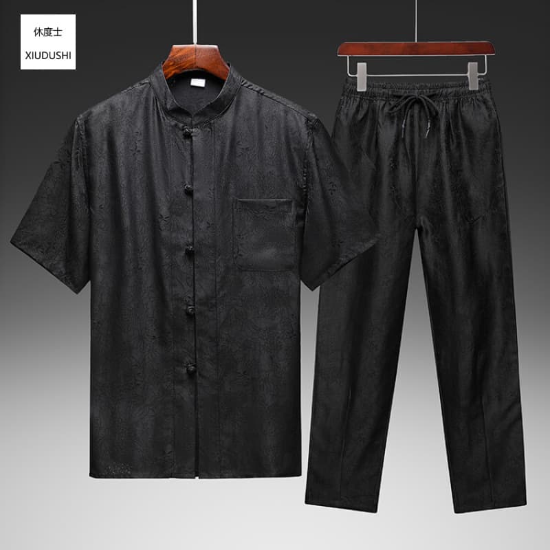 Xiangyunsha Tang Suit Men's Short Sleeve Shirt Summer Men's 100% Mulberry Silk Chinese Style Silk Stand Collar Suit Men