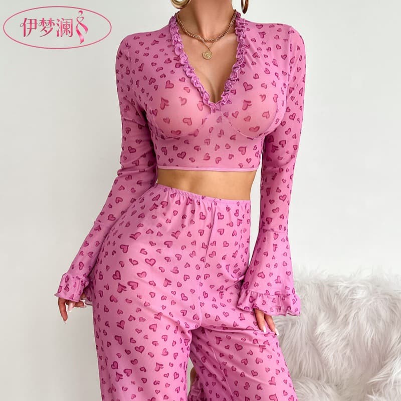 Yimenglan European and American Cross-Border Erotic Lingerie with Heart Print, V-Neck, See-Through Sexy Sleepwear, Long-Sleeve Top and Long Pants Set for Home Use