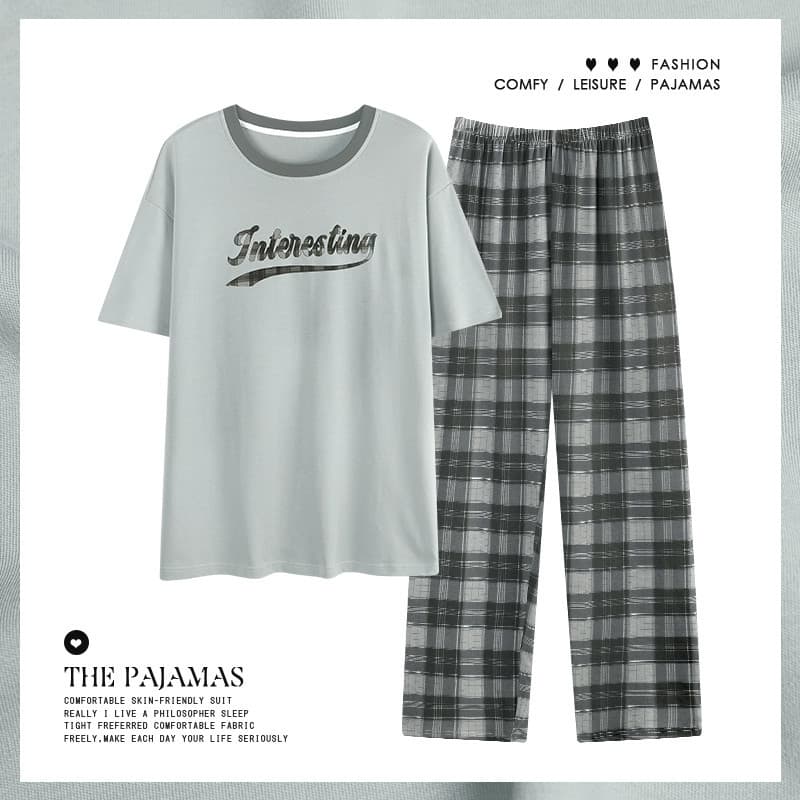 Men's Summer Pure Cotton Short-Sleeve Pajamas and Trousers 2025 New Spring and Autumn Men's Home Wear Set Can Be Worn Outerwear Printed