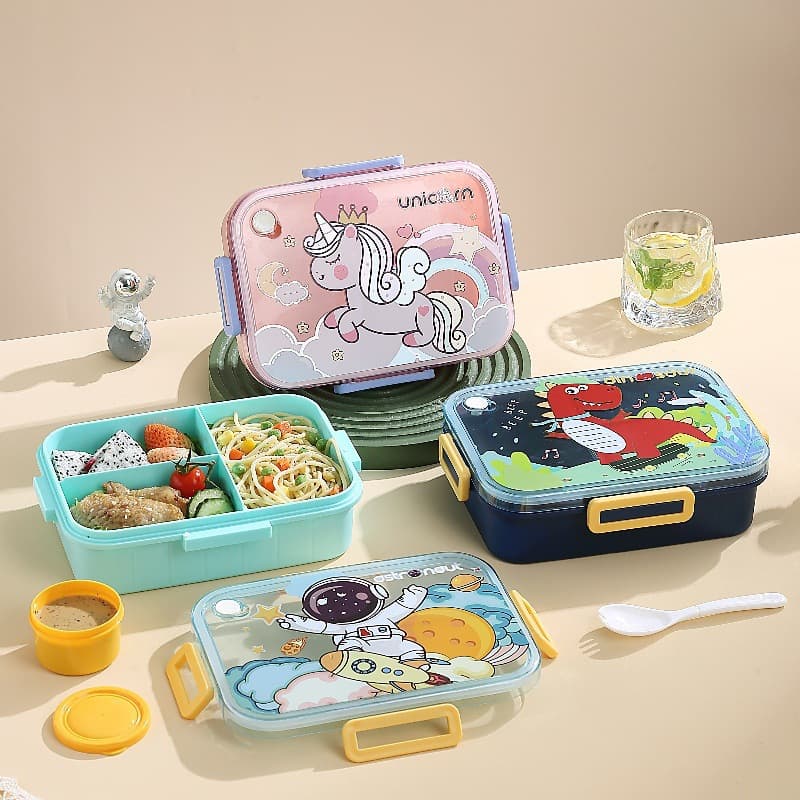 Cartoon 3-Compartment Lunch Box Astronaut Dinosaur Unicorn Children's Lunch Box with Salad Bowl Sealed Bento Box Fresh-Keeping Container