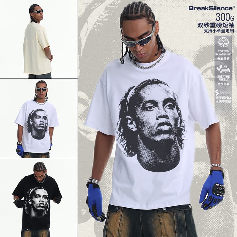 2026 Cross-Border Ronaldinho Portrait Summer Heavy Cotton Versatile Short-Sleeve American-Style Small Neckline T-Shirt