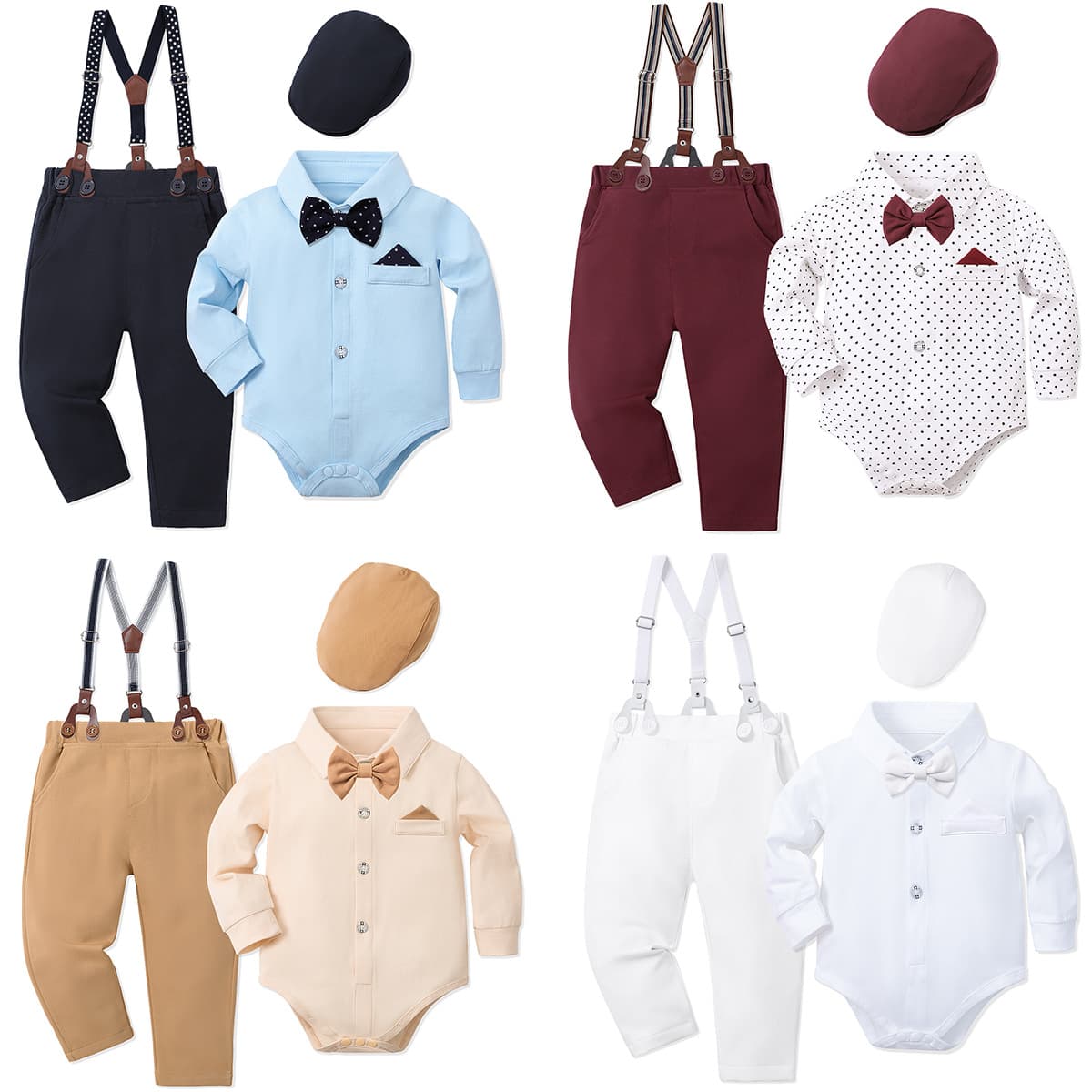 Cross-border Children's Set Spring and Autumn Boy's First Birthday Outfit Long-Sleeve Shirt Suspenders with Hat Gentleman Formal Wear First Birthday