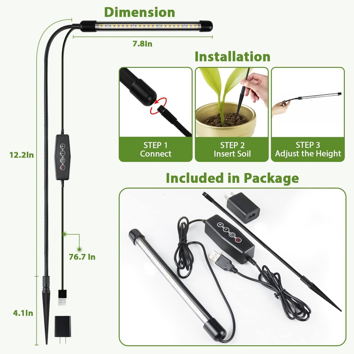 Flexible Hose Ground-Insertion Plant Growth Light with USB Timer, Full Spectrum LED, and Sunlight Simulation for Indoor Succulents