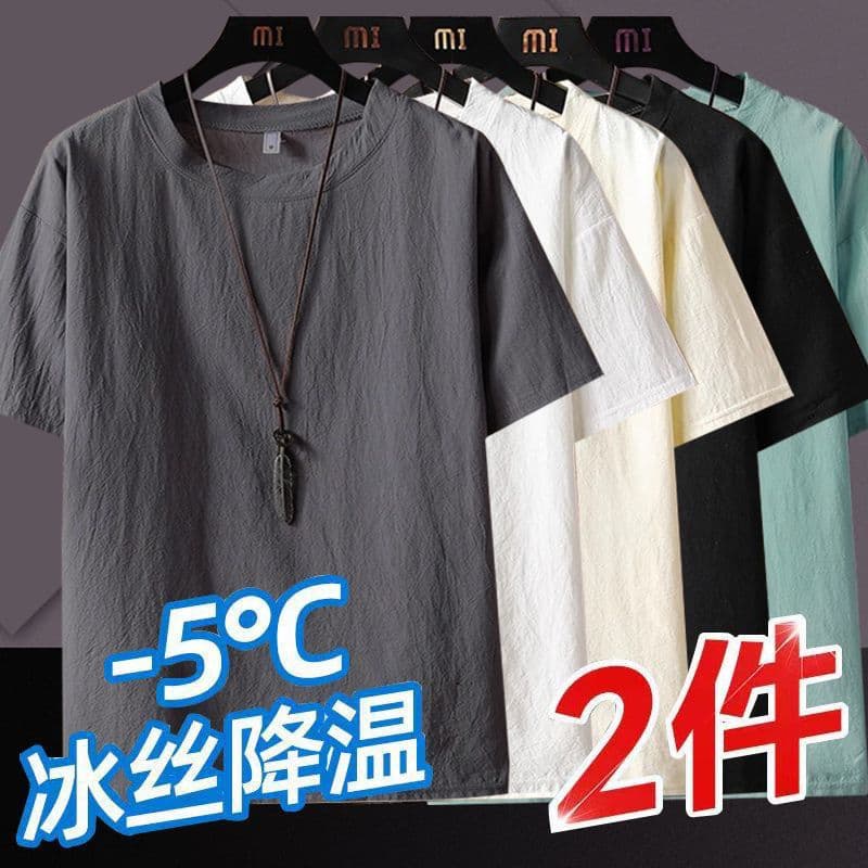 Men's Cotton Linen Short Sleeve T-Shirt Summer Loose Half Sleeve Plus Size Linen Tee Solid Color Breathable Round Neck Thin Top