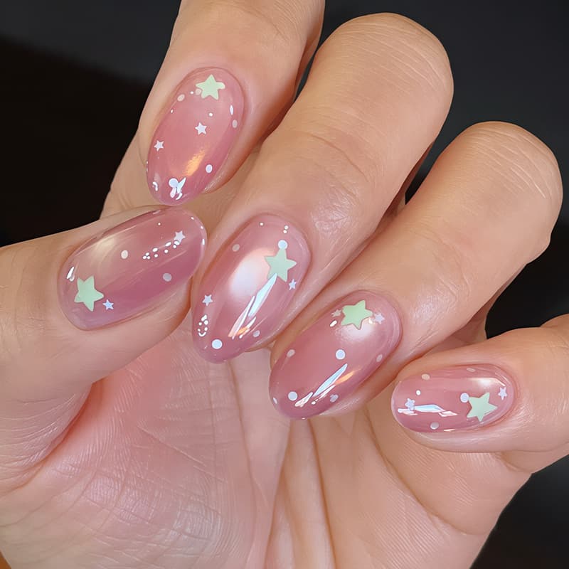 Summer Peach Pink Transparent Star Nail Art Short Girl Nail Wraps with Light Green Five-Point Stars and Small Polka Dots