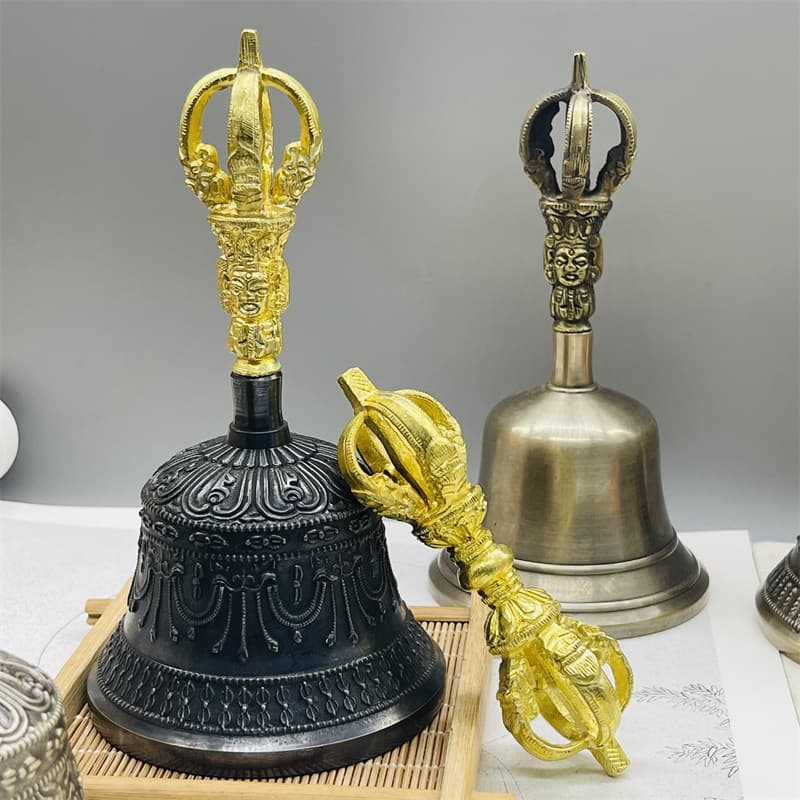 Tibetan Buddhist Vajra Bell and Dorje Set, Nepal Handmade Ritual Instrument, 5-Prong & 9-Prong, Pure Copper Bell, Rattle Instrument, Awakening Bell