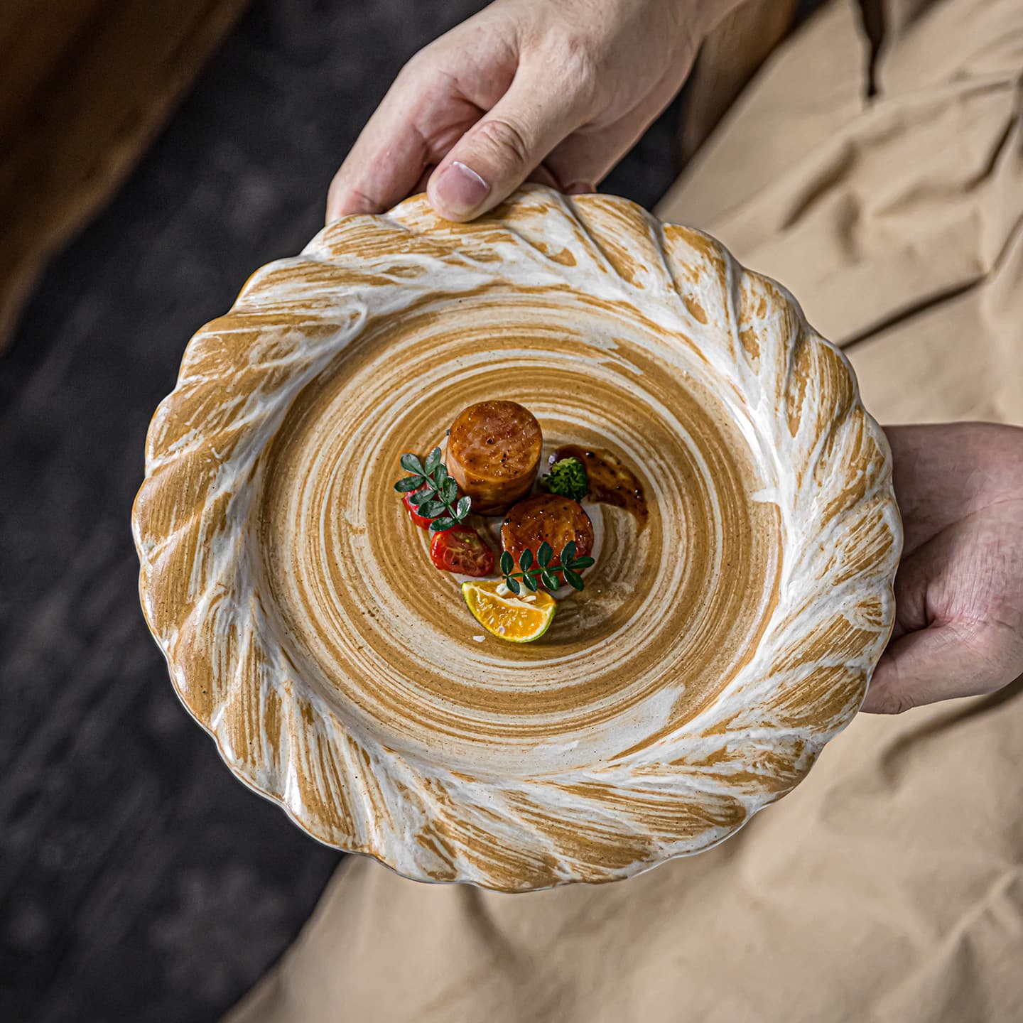 Lace stoneware plate, high-end dinner plate, home dish plate, breakfast plate, steak plate, B&B presentation wabi-sabi style tableware