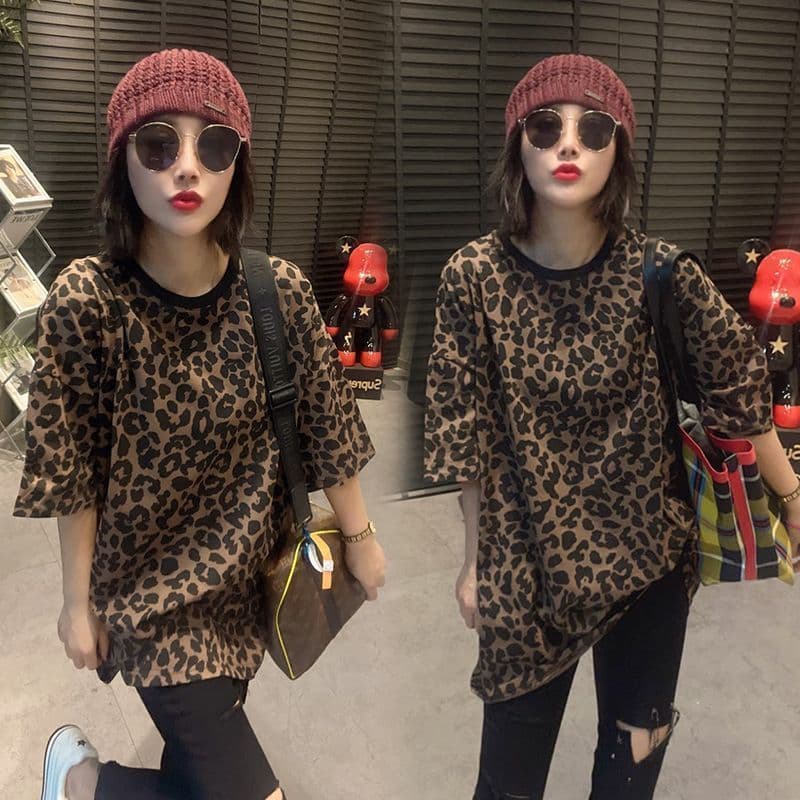 Plus Size Women's Clothing 2-300 lbs Trendy Leopard Print Short Sleeve T-Shirt New Fashion Versatile Spring Summer Tee
