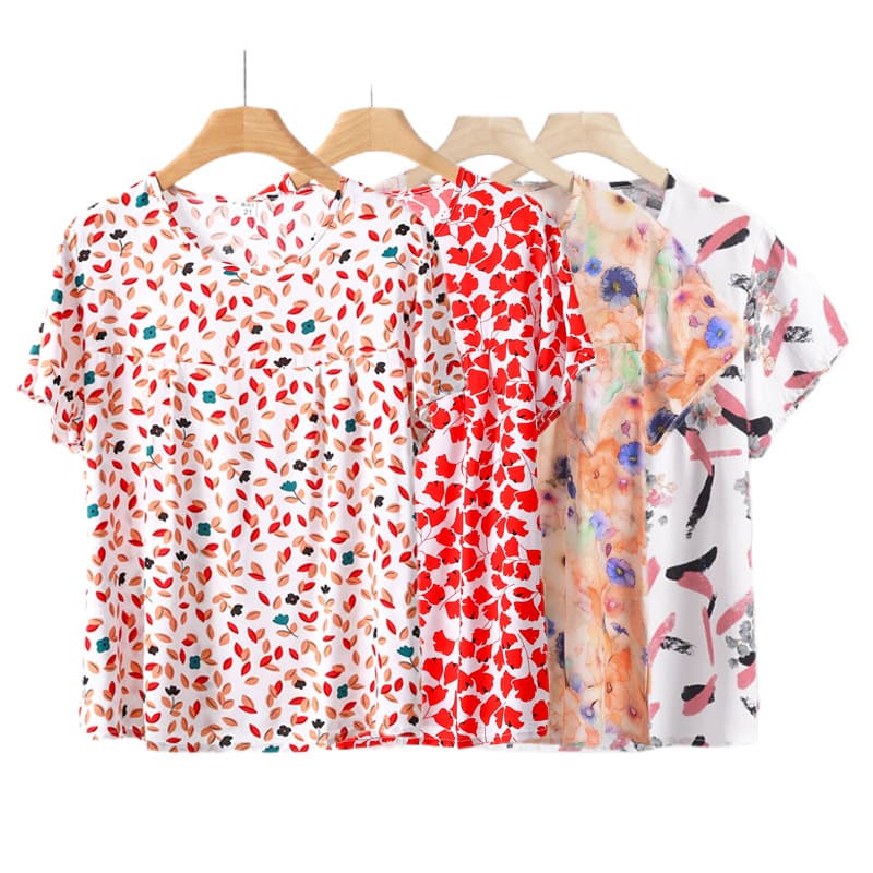 Cotton Silk Pullover T-Shirt, Middle-Aged and Elderly Mom Wear, Women's Top, Summer Thin Rayon Printed Loose Floral Shirt