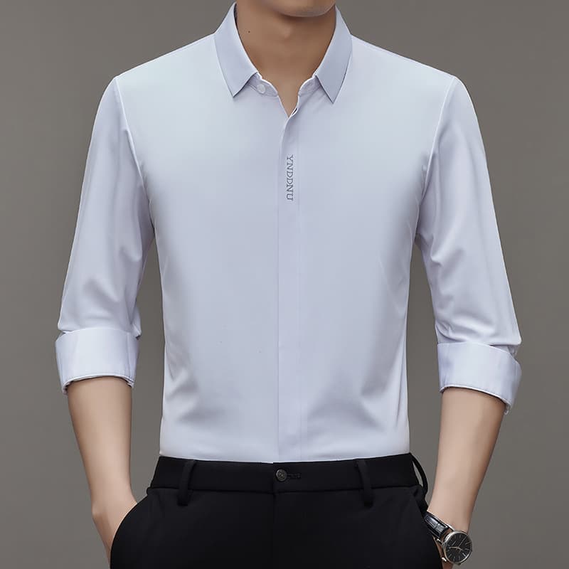 Spring and Autumn New Men's Long-Sleeve Hidden Front Shirt, Solid Color Seamless No-Iron Concealed Button White Shirt, Men's Business Wear