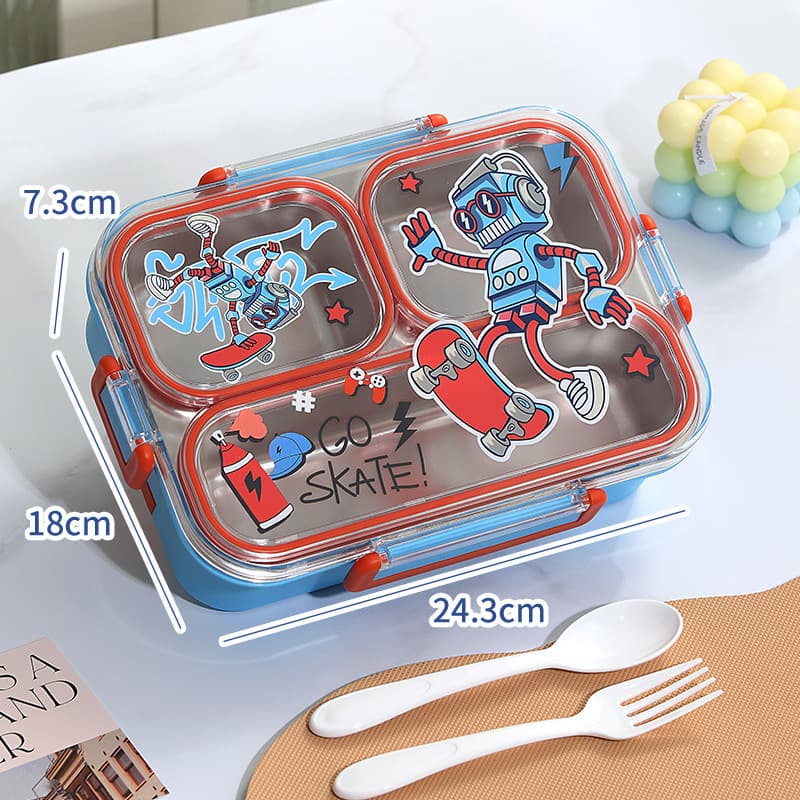 Student 304 Stainless Steel Compartment Lunch Box, Kids Cartoon Bento Box, No Flavor Mixing, Insulated Sealed, Microwave Safe