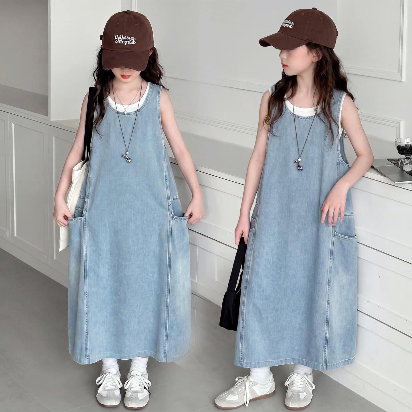 Girls Summer Denim Dress 2026 New Children's Versatile Long Dress for Middle and Big Kids, Multi-Pocket Vest Dress