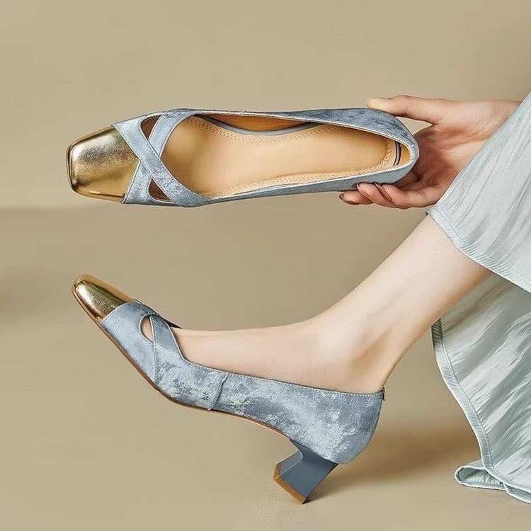 Exquisite New Chinese-style Women's Shoes, Designer Hollow Mid-heel Pink High Heels, Color-block Chunky Heel Square Toe Flats
