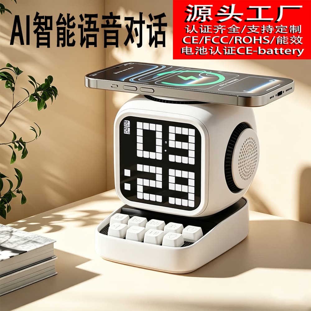 Source Factory Fast Wireless Charger Magnetic AI Bluetooth Speaker Desktop Clock Alarm Home White Noise