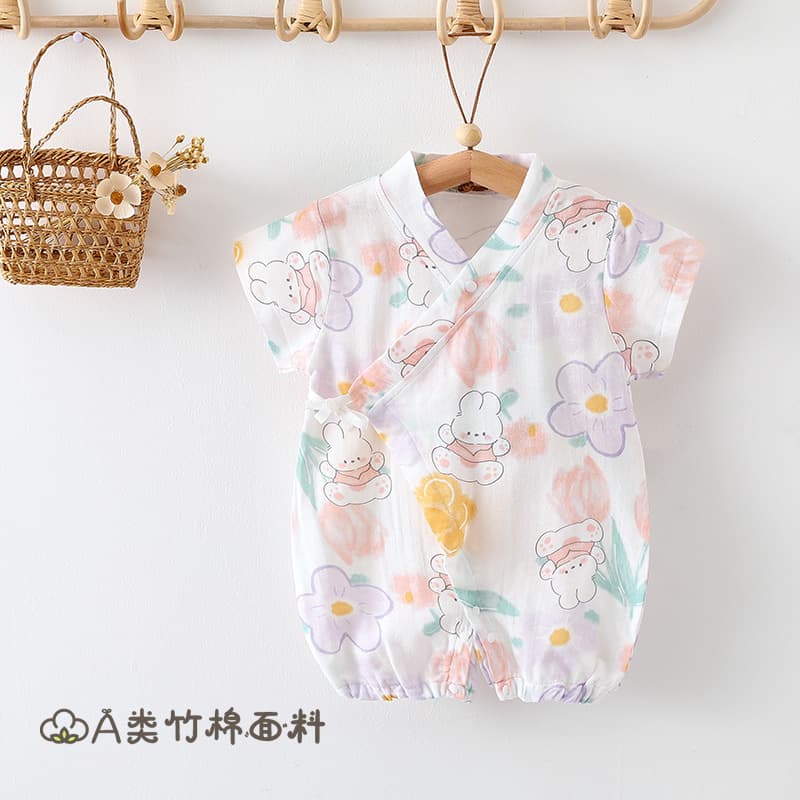 Qing-baby one-piece summer type A bamboo cotton gauze newborn clothes harem short-sleeved baby rompers for men and women thin