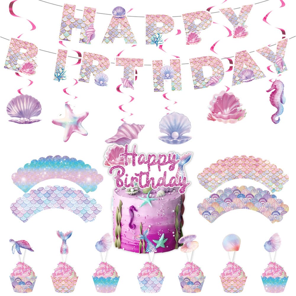 Mermaid Powder Fish Scale Theme Cartoon Birthday Party Disposable Decorative Banner Flag Cake Hanging Edge