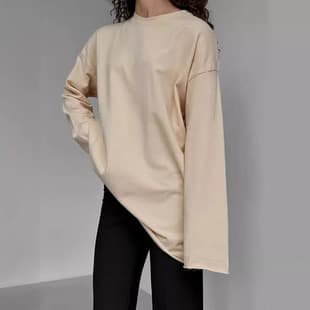 Europe/US Cotton T-Shirt Women's 2026 Spring New Loose Solid Round Neck Long Sleeve T-Shirt GUIYAKECOOL