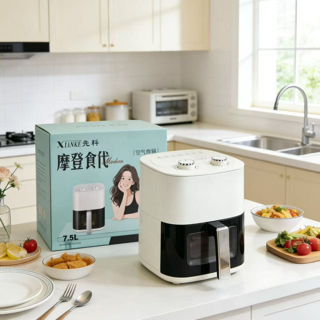 Xianke Air Fryer Large Capacity 7.5L Household Electric Fryer with Glass Window Visible French Fry Maker Hot Selling Multifunctional Oven