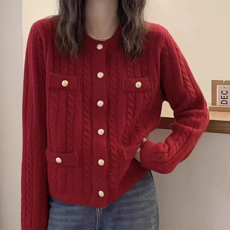 Korean-style Chanel-inspired cable knit cardigan, new autumn/winter sweet and elegant slim-fit wool knit sweater coat for women