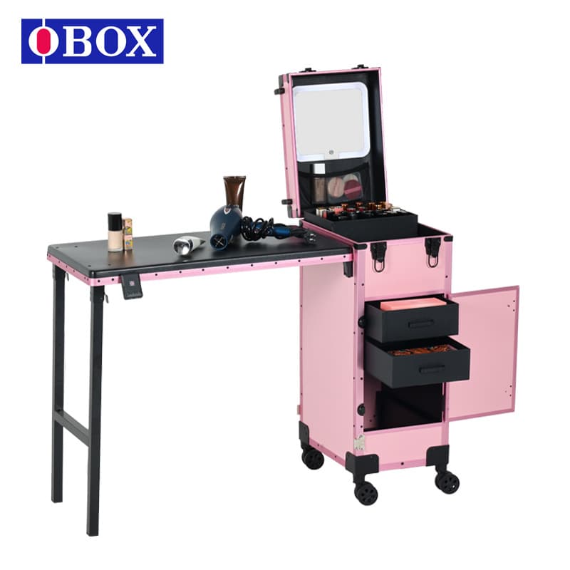 OBOX Professional Tattoo Nail Makeup Box Folding with Mirror Multi-Layer Storage Silent Wheels Pink Stall Tool Station