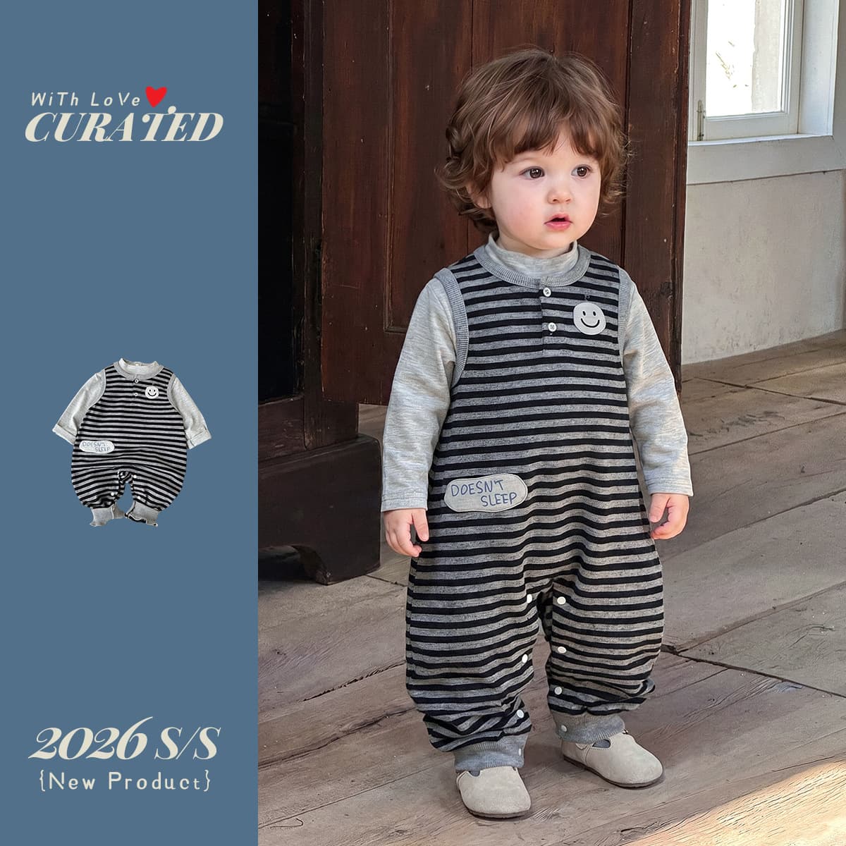 Boys Casual Autumn Overalls Suit 2026 New Trendy Striped One-piece Two-piece Baby Boy Clothes