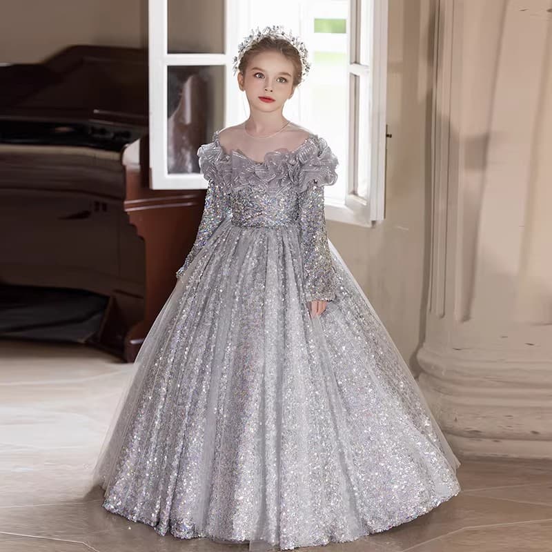 Children's Formal Dress Premium Long Sleeve Spring Autumn 12-Year-Old Girl Birthday Party Princess Dress Host Child Model Runway