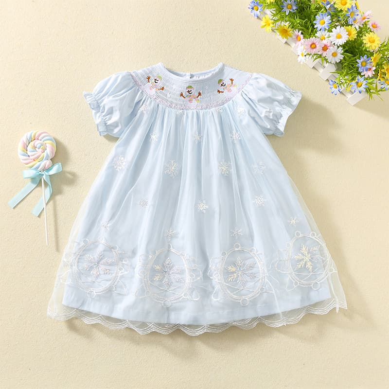 Summer Girls Dress Blue Shirred Princess Dress Snowman Embroidered Tulle Skirt Christmas Gown Export Children's Dress