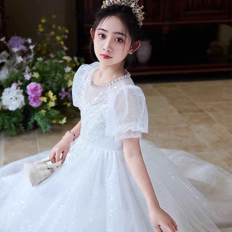 White Children's Princess Dress Flower Girl Wedding Birthday Tutu Tulle Dress Host Piano Performance Costume