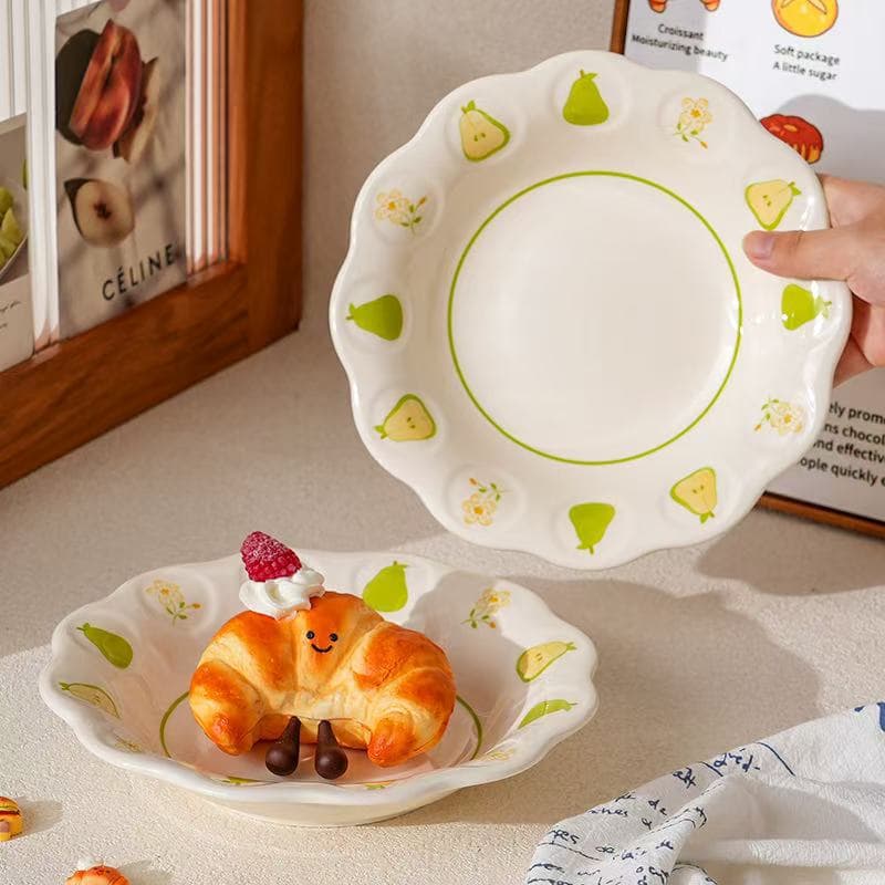 Green Pear Whisper Ceramic Under-glaze 8.5-inch Deep Round Plate, Home Use Dish for Vegetables, Desserts, Meals, and Fruits