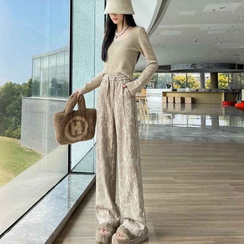 Mop Pants Jacquard Chinese Style Knitted Wide Leg Pants for Women, Lazy Fleece High Waist Glutinous Rice Pants, Slimming Casual Pants New Arrival