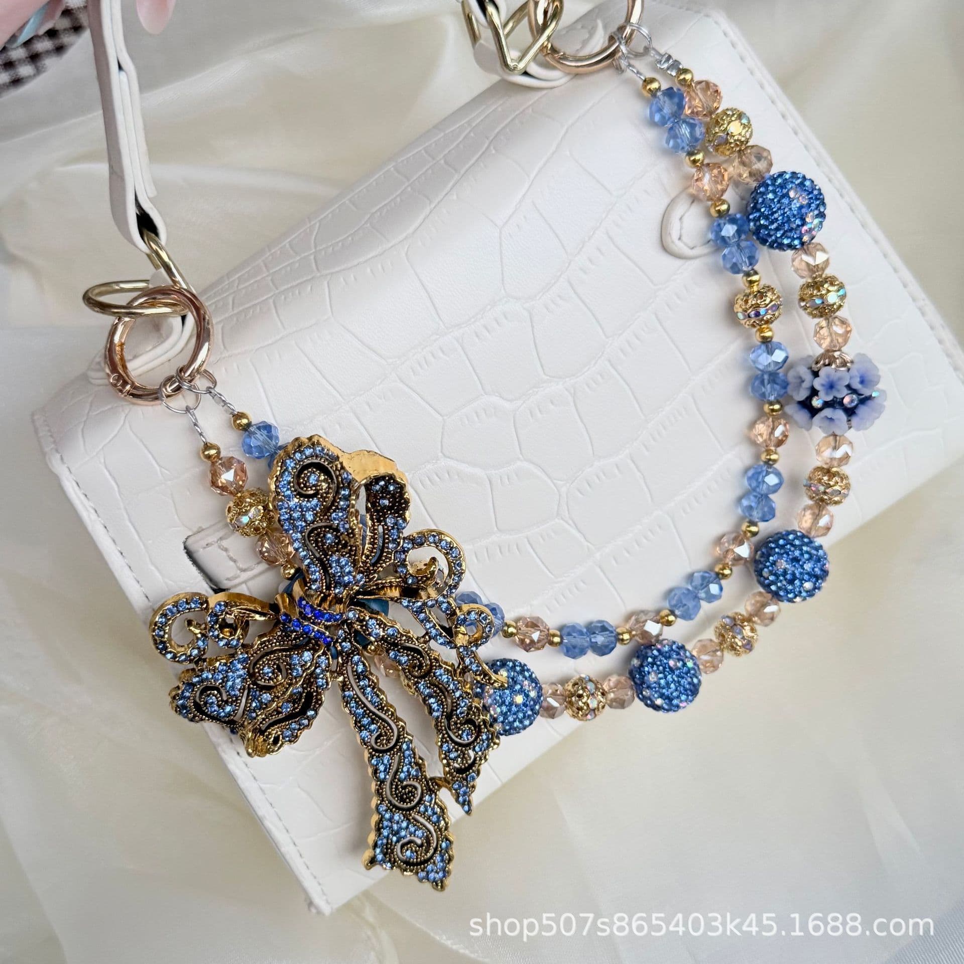 New Luxury Bow Phone Strap Handmade Beaded Heavy-Duty Bag Charm Full Diamond Sparkle Live Stream Wholesale