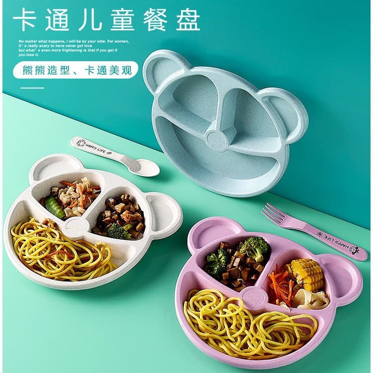 Simple Kindergarten Student Children Wheat Straw Compartment Eating Panda Tableware Tray Spoon Fork Three-Piece Set