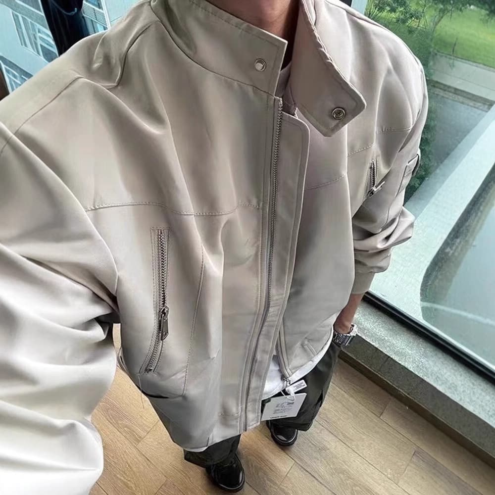 2025 Apricot Deconstructed Harrington Jacket Streetwear European and American Short Jacket Men's Motorcycle Jacket