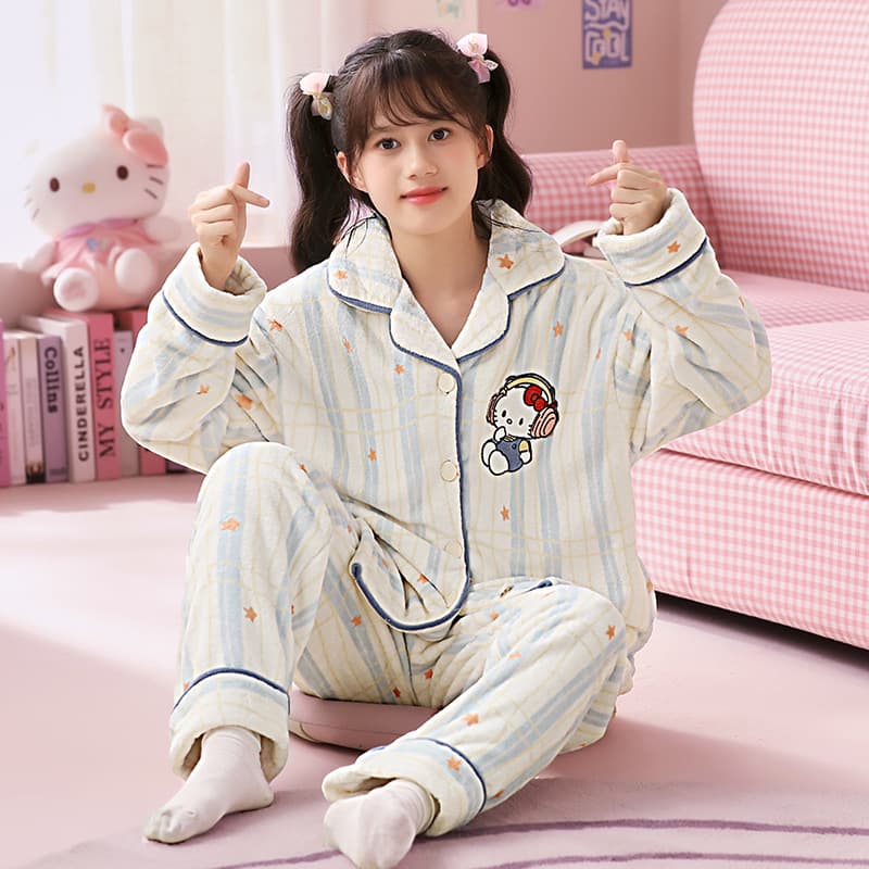 Girls Coral Fleece Pajamas Winter Thickened Warm Children Flannel Homewear