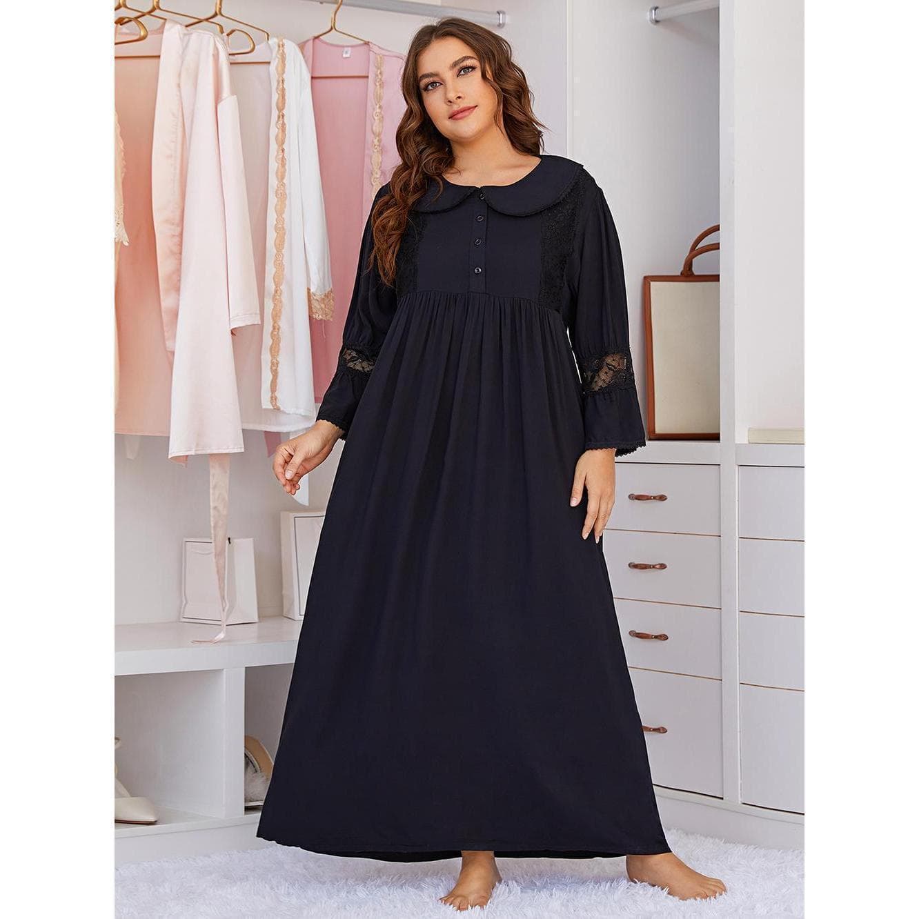 Amazon Cross-Border EU/US Plus Size Nightgown Women Long Sleeve Long Lace Homewear Fat MM Sleep Dress Wholesale Dropshipping
